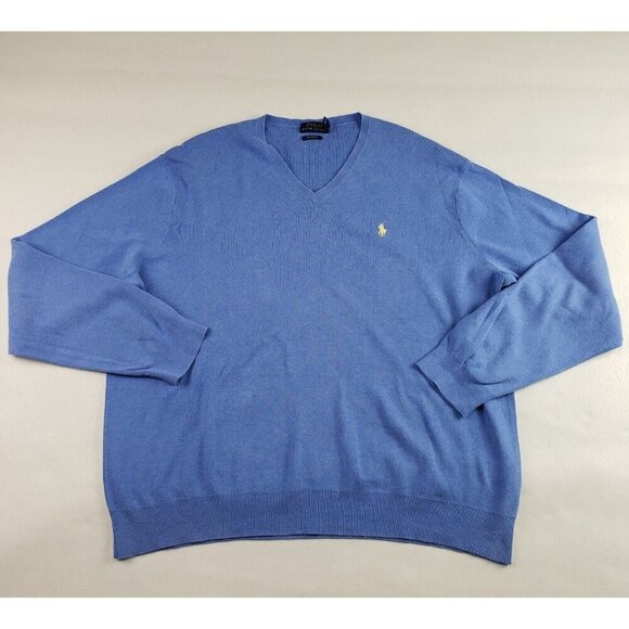 Polo Ralph Lauren Pima Cotton Sweater Mens XXL Blue V Neck Pony Pullover - Picture 1 of 9